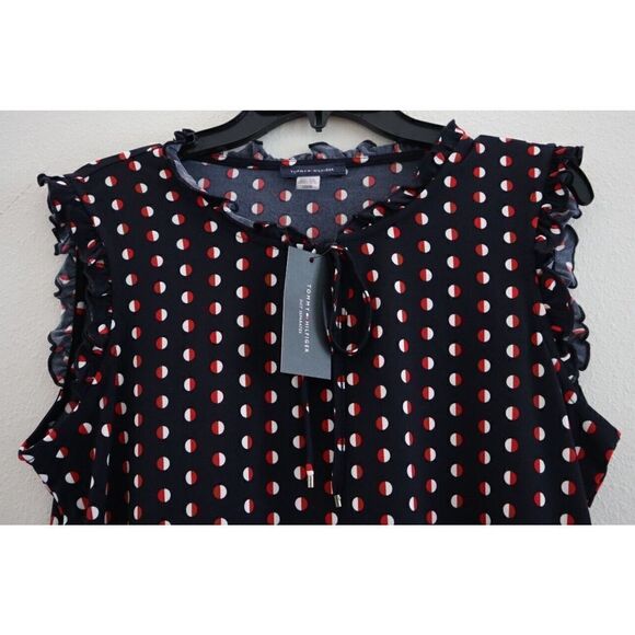 Tommy Hilfiger Women's Sz L Navy Polka Dot Sleeveless Ruffled Edge Blouse $60 - Picture 4 of 7